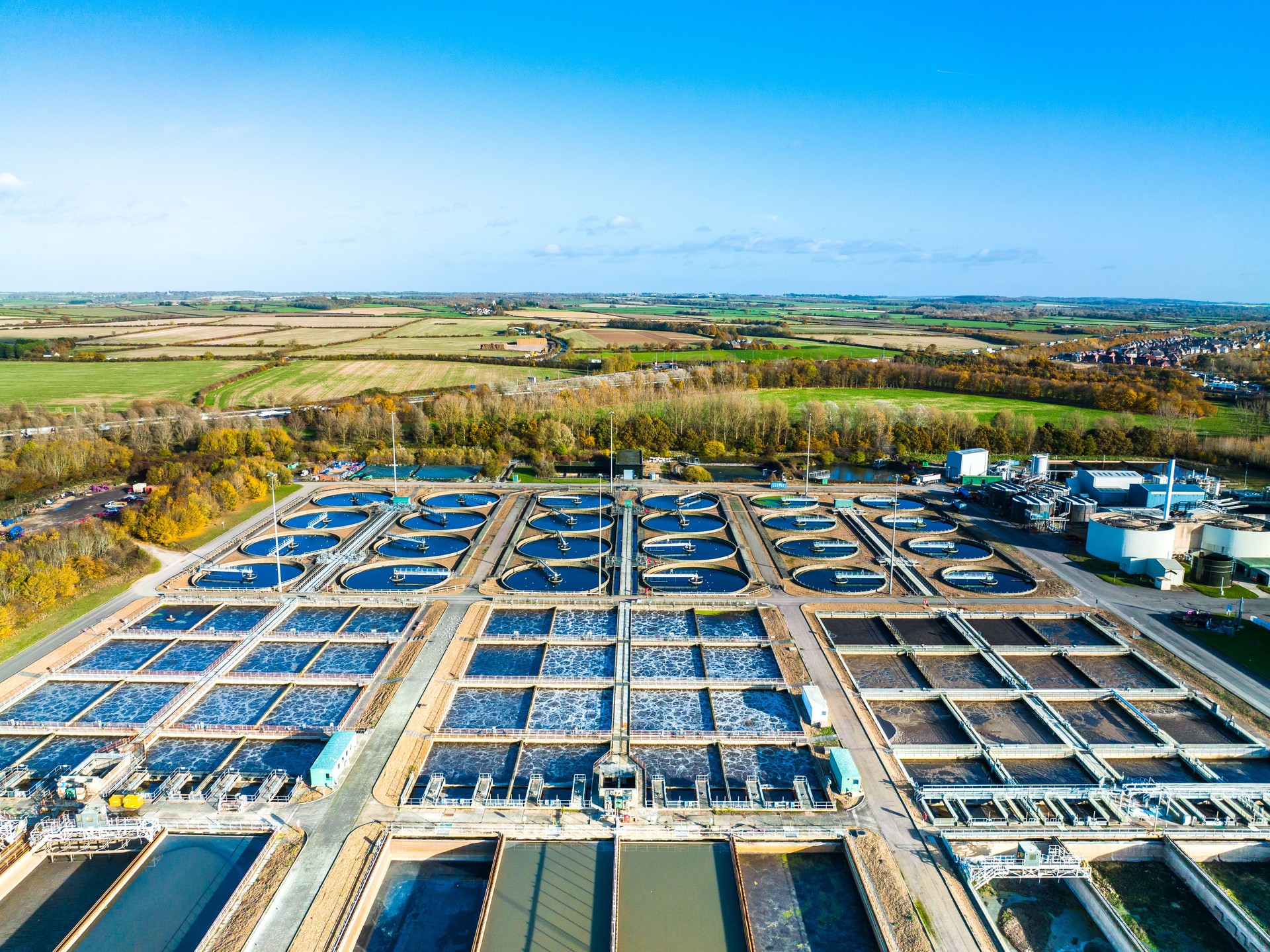 Aerial photo of purification tanks of modern wastewater treatment plant